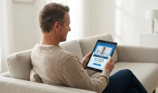 Secure Telehealth app interface on smartphone for Men's Health consultation.