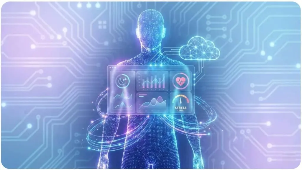 a human figure with a digital interface, symbolizing how individual health data (sleep, heart rate, stress) is collected and analyzed via the cloud.