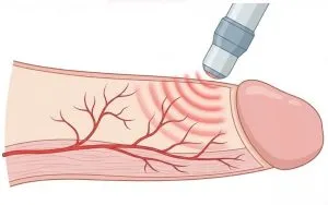 A medical diagram illustrating Low-Intensity Extracorporeal Shockwave Therapy (Li-ESWT), showing acoustic waves from an applicator stimulating new blood vessel growth in the penis.