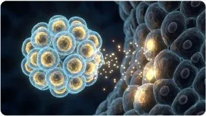 A microscopic scientific visualization of glowing stem cells releasing growth factors to repair damaged human tissue cells, illustrating regenerative medicine.