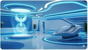 A futuristic medical clinic lobby with a holographic display of a regenerative medicine symbol and advanced treatment technology.