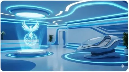 A futuristic medical clinic lobby with a holographic display of a regenerative medicine symbol and advanced treatment technology.