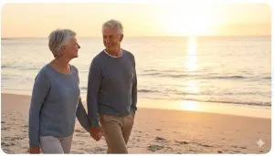 An older couple holding hands and walking on a beach at sunset, symbolizing restored intimacy and freedom.