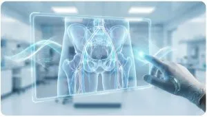 A futuristic holographic display in a medical lab showing a healthy male pelvis with glowing blood vessels, symbolizing next-generation regenerative treatments for erectile dysfunction.