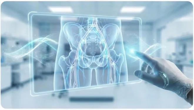 A futuristic holographic display in a medical lab showing a healthy male pelvis with glowing blood vessels, symbolizing next-generation regenerative treatments for erectile dysfunction.