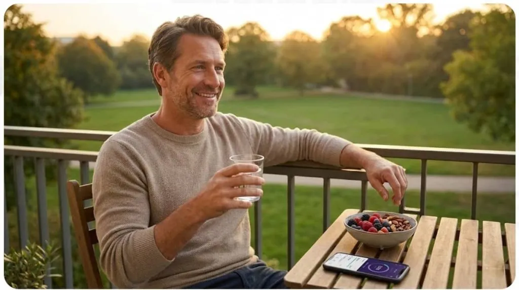warm, realistic photo provides a lifestyle-focused counterpoint to the previous images. It shows a man enjoying a healthy snack while a smartphone tracks his health, representing the 