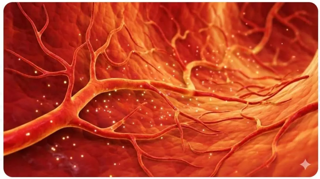 A microscopic view of angiogenesis, showing new blood vessels branching and growing within biological tissue, representing tissue repair.