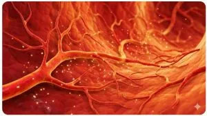 A microscopic view of angiogenesis, showing new blood vessels branching and growing within biological tissue, representing tissue repair.