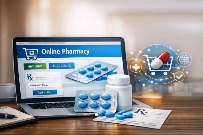 Laptop showing online pharmacy website with blister pack of blue pills and prescription pad