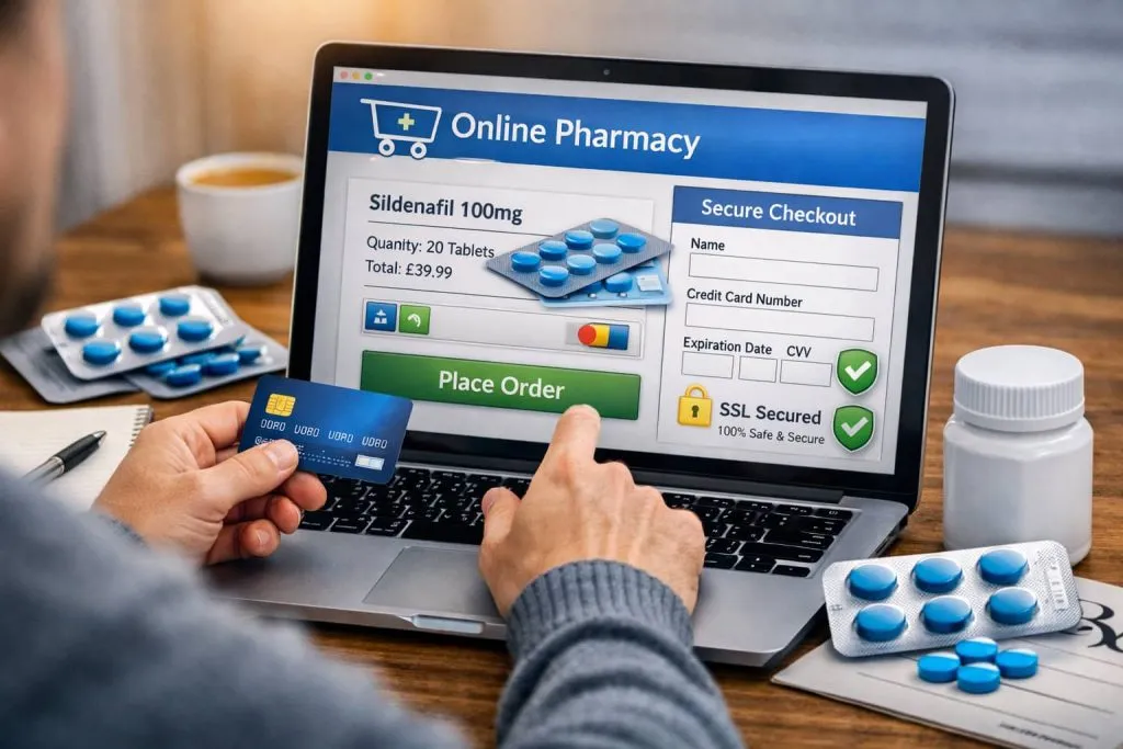 Person using laptop to buy genuine sildenafil online with secure checkout interface