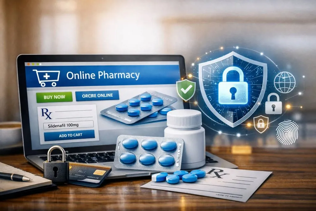 Secure online medication purchase with padlock, credit card, and sildenafil pills