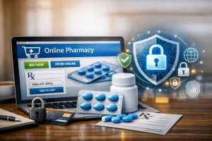 Secure online medication purchase with padlock, credit card, and sildenafil pills