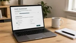 A man completing an online sildenafil consultation form on a laptop at home without a GP appointment