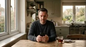 A man in his 40s researching sildenafil without a GP appointment on his phone at home in the UK