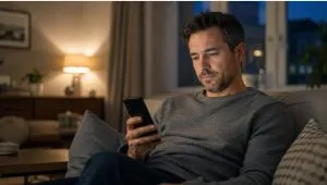Man in his 40s researching sildenafil without GP appointment on his phone at home in the UK