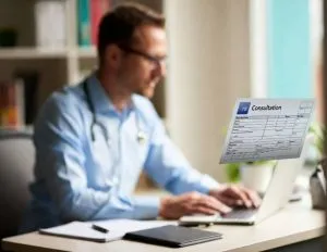 UK registered prescriber reviewing an online sildenafil consultation on a laptop in a clinical office