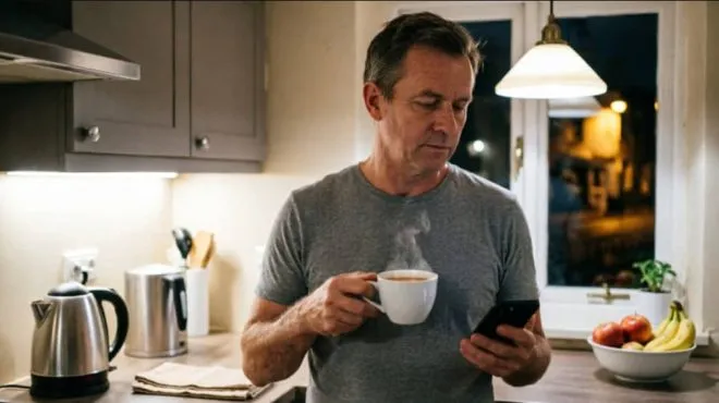 UK man in his forties pausing in his kitchen at night, wondering do you have to take sildenafil forever