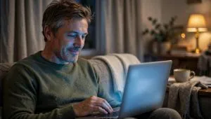 Man completing a short online consultation form at home before a GMC registered doctor reviews his case