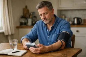 Man checking his blood pressure at home, one of the reversible causes of erectile dysfunction to raise with a prescriber