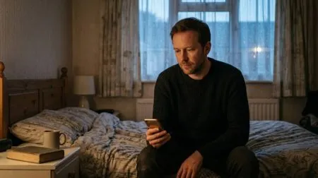 Man in his forties sitting awake at night in a UK home, researching what to do when sildenafil is not working