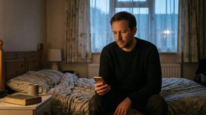 Man in his forties sitting awake at night in a UK home, researching what to do when sildenafil is not working